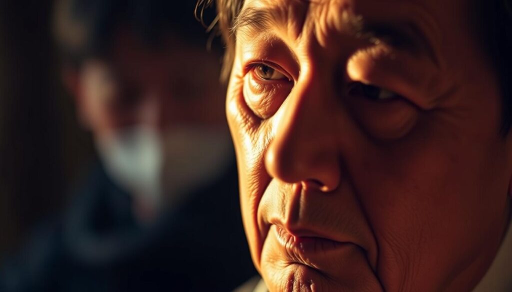 A close-up portrait of a former Soka Gakkai celebrity, their face lit by warm, soft lighting that casts subtle shadows, conveying a pensive, introspective mood. The subject's gaze is averted, suggesting a sense of contemplation or resignation. The background is blurred, keeping the focus on the individual's thoughtful expression. The image captures the complex emotions and personal journey of a public figure who has chosen to leave the religious organization, conveying a sense of quiet dignity and personal growth.