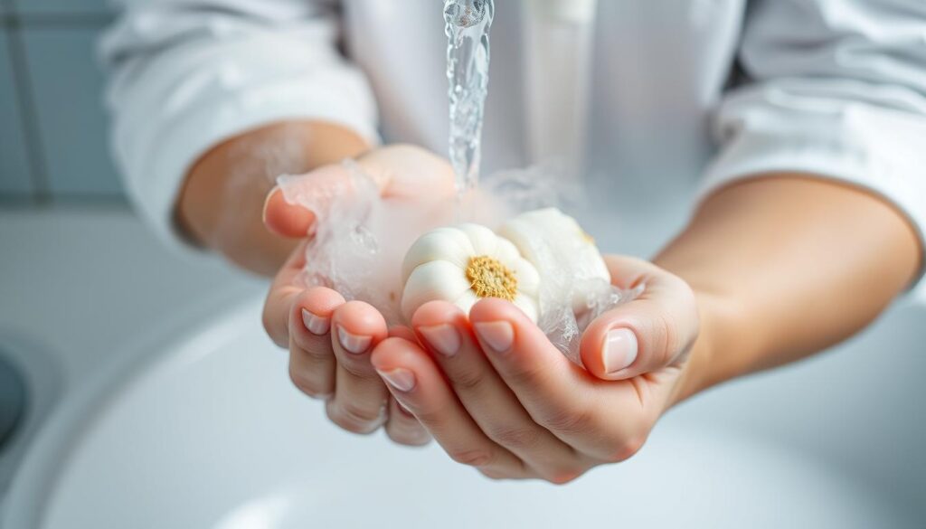 A close-up shot of a person's hands, showcasing the effective removal of garlic odor. The hands are held under running water, with steam rising, indicating warm water usage. The background is slightly blurred, keeping the focus on the hands. Soft, diffused lighting creates a clean, clinical atmosphere, emphasizing the importance of this household task. The composition highlights the hands in a central position, conveying a sense of purpose and problem-solving. The overall scene exudes a sense of efficiency and practicality, providing a visual solution to the described section's topic.