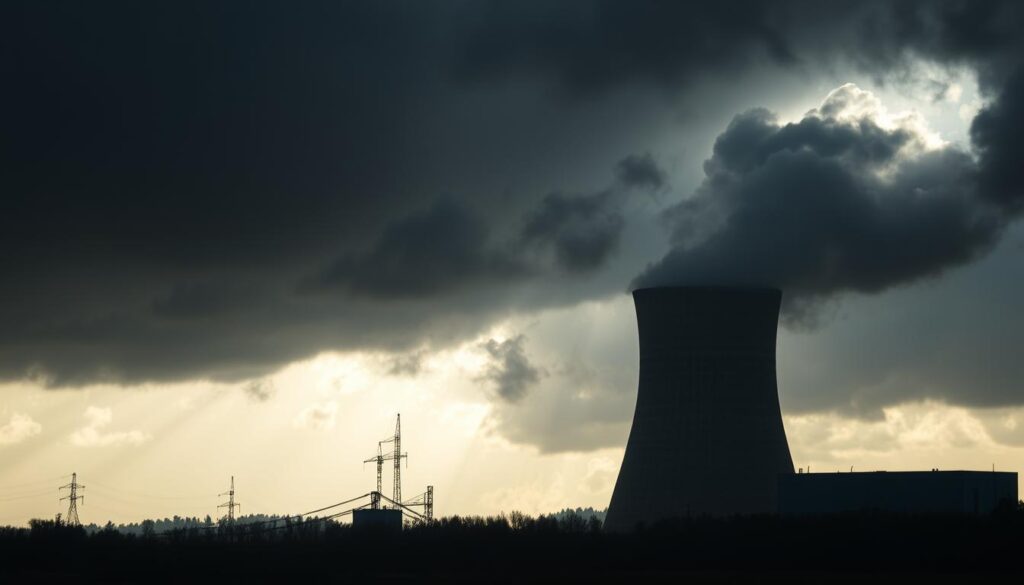A dark, ominous backdrop of clouds and smoke, hinting at the gravity of the nuclear development issue. In the foreground, a nuclear reactor looming large, its imposing structure casting an unsettling shadow. Subtle rays of light pierce through the gloom, creating a sense of foreboding. The scene is captured with a wide-angle lens, emphasizing the vastness and weight of the subject matter. The overall mood is one of unease and a looming sense of danger, reflecting the high stakes and global implications of the nuclear development problem.