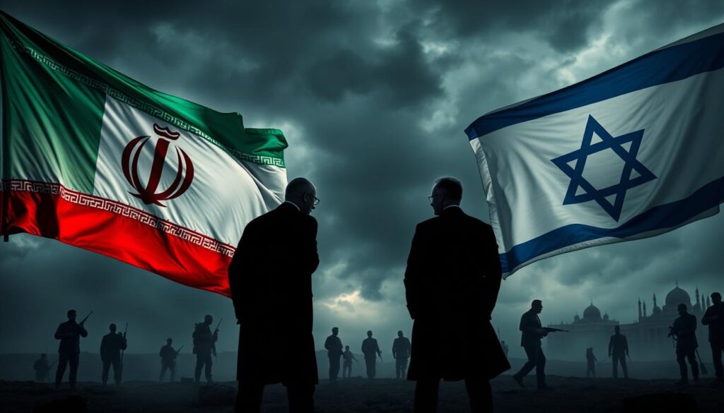 A dramatic, cinematic scene depicting the complex and turbulent history between Iran and Israel. In the foreground, two national flags - the green, white and red of Iran, and the blue and white of Israel - billowing in an ominous, storm-tossed sky. In the middle ground, shadowy figures representing the leaders and military forces of both nations, engaged in a tense, confrontational standoff. In the distant background, vague outlines of key historical landmarks and events, hinting at the deep-rooted political, ideological and religious tensions that have shaped this volatile relationship over decades. Lighting is moody and dramatic, with dramatic chiaroscuro effects, conveying a sense of unease and impending conflict. The overall impression is one of a complex, multifaceted geopolitical struggle, rife with high stakes and unresolved animosity.