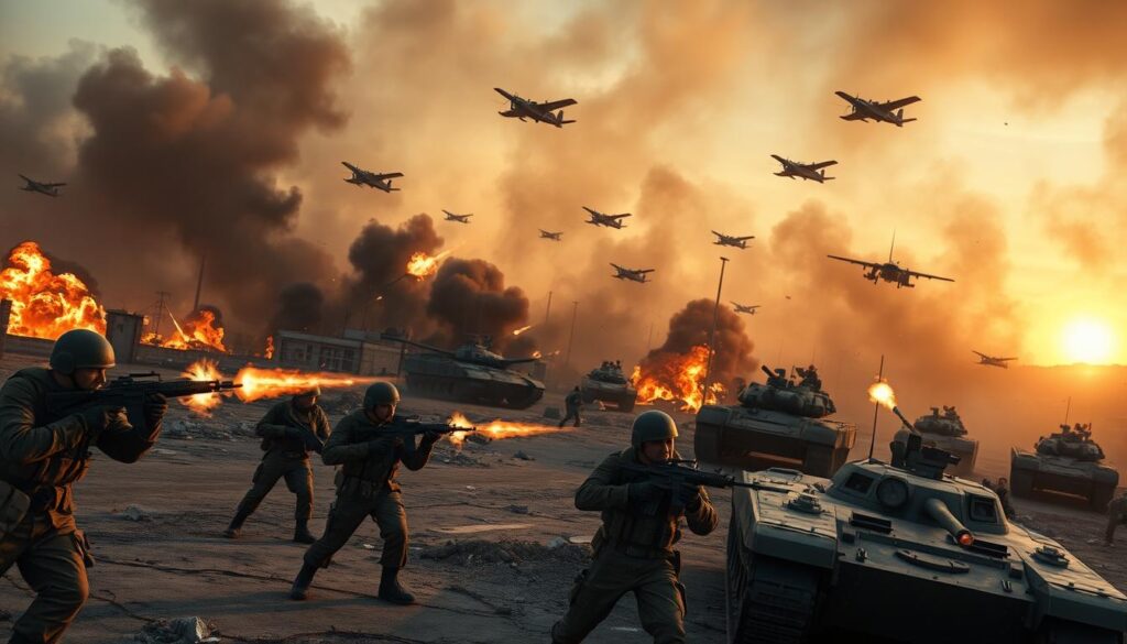 A fierce military clash between armed forces, tanks and aircraft engaged in combat amid a smoke-filled, war-torn landscape. In the foreground, soldiers wielding rifles and rocket launchers exchange intense gunfire, their expressions tense with determination. The middle ground features burning buildings and debris-strewn streets, while the background is shrouded in an ominous cloud of gray and black, conveying the chaos and destruction of the battlefield. The scene is illuminated by the flashes of explosions and the glow of a setting sun, casting dramatic shadows and highlights across the scene. Captured with a wide-angle lens to emphasize the scale and intensity of the confrontation.