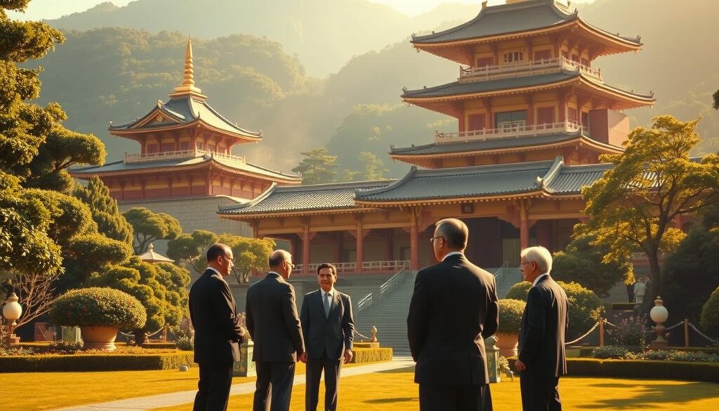 A grand, ornate temple complex stands amidst lush, verdant gardens, its intricate architecture and golden accents reflecting the deep connection between the Soka Gakkai religious movement and Japan's Komeito political party. In the foreground, a group of suited individuals engage in animated discussion, the interplay of power and influence between the spiritual and political realms palpable. The scene is illuminated by warm, golden sunlight, casting a sense of reverence and importance over the proceedings. Subtle shadows and highlights accentuate the architectural details, while a faint haze in the background suggests the weight of history and tradition underlying this unique relationship.