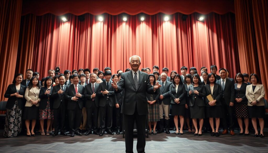 A grand theater backdrop with elegant curtains and spotlights, illuminating a diverse ensemble of well-known Japanese entertainment personalities, all adorned in formal attire. In the foreground, a central figure representing the Soka Gakkai organization stands, their hand outstretched in a gesture of connection, linking the entertainment industry to the spiritual movement. The scene conveys a sense of influence, integration, and the symbiotic relationship between the two realms, captured through a cinematic, high-contrast lighting setup that emphasizes the grandeur and significance of this intersection.