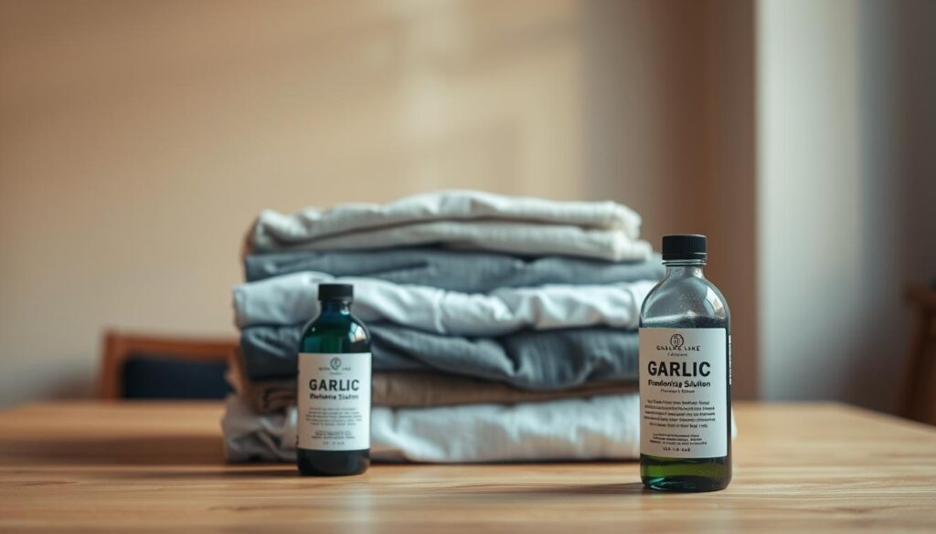 A neatly folded stack of freshly laundered garments sits on a wooden tabletop, emitting a faint aroma of garlic. In the foreground, a small bottle of a deodorizing solution stands ready, its label prominently displaying the intended purpose - to effectively eliminate unwanted garlic odors from clothing. The soft, warm lighting casts a gentle glow, conveying a sense of domestic tranquility. The background features a minimalist, clean-lined interior, with neutral-toned walls and a simple, uncluttered aesthetic, allowing the central focus to remain on the task at hand - the swift and efficient removal of persistent garlic scents from fabrics.
