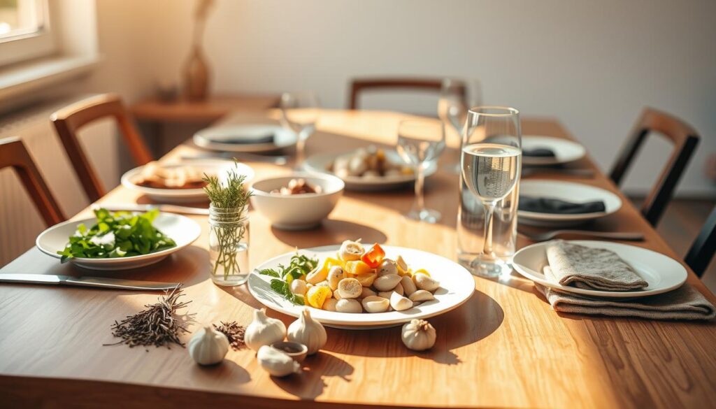 A neatly set dining table with a variety of dishes, including a plate of garlic-infused food. The table is bathed in warm, natural lighting, creating a cozy, inviting atmosphere. In the foreground, a selection of herbs, spices, and a glass of water are strategically placed, suggesting remedies to counteract the strong garlic aroma. The middle ground features a stylish, minimalist table setting, with clean-lined plates, cutlery, and napkins. The background showcases a simple, uncluttered interior, allowing the focus to remain on the table and the strategies for managing garlic odor during the meal.
