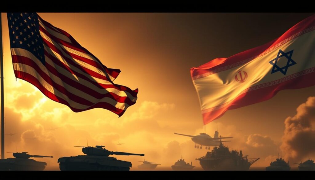 A panoramic view of the United States, depicted as a looming, imposing figure casting a long shadow over the Middle East. In the foreground, the American flag billows majestically, its stripes and stars evoking a sense of power and influence. In the middle ground, a detailed depiction of military hardware, including tanks, aircraft, and naval vessels, showcasing the nation's formidable military might. In the background, the hazy outlines of the Israeli and Iranian flags can be seen, suggesting the complex geopolitical tensions in the region. The scene is illuminated by a warm, golden light, creating a sense of foreboding and gravitas. The overall impression is one of the United States' outsized role and impact on the dynamics of the Iran-Israel conflict.