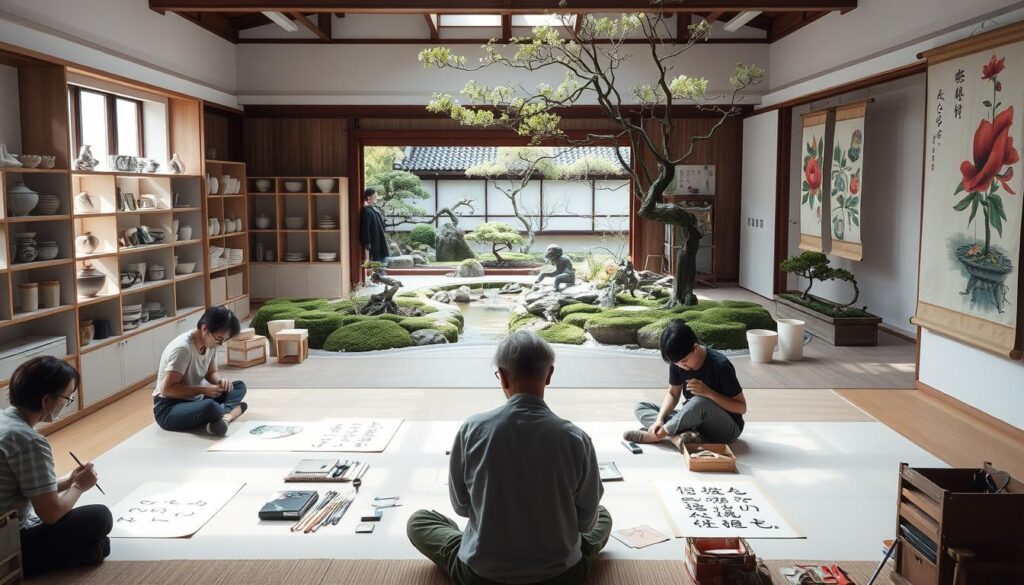 A serene and contemplative scene of the Soka Gakkai's art department. In the foreground, a group of artists sitting cross-legged, meticulously crafting intricate calligraphic works with sumi-e brushes. The middle ground reveals a spacious studio filled with natural light, shelves displaying delicate ceramic sculptures and hanging scrolls adorned with vibrant abstract paintings. In the background, a tranquil Japanese garden with a babbling brook and carefully pruned bonsai trees, creating a harmonious atmosphere conducive to artistic expression and spiritual enlightenment. The lighting is soft and diffused, casting gentle shadows and highlighting the tactile textures of the various media. An air of focused dedication and inner peace pervades the scene.