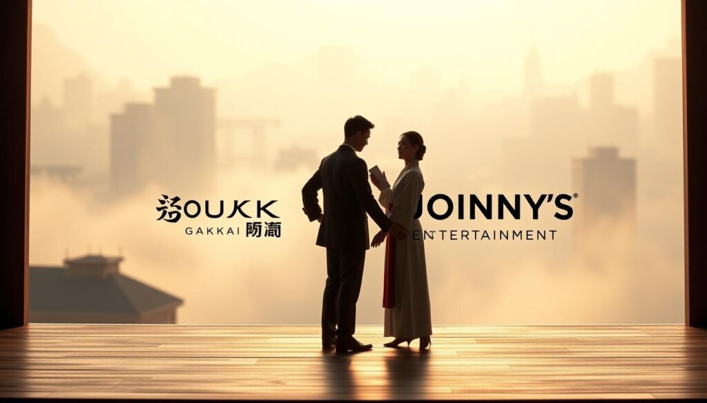 A serene yet interconnected tableau depicting the intricate relationship between Soka Gakkai and Johnny's Entertainment. In the foreground, a stage-like setting with two figures, one in a formal business suit and the other in a traditional Japanese garment, engaged in a meaningful discussion. The middle ground features a stylized representation of the Soka Gakkai logo and the Johnny's Entertainment logo, subtly intertwined. The background is a hazy, dreamlike cityscape, hinting at the broader sociocultural context. The lighting is soft and warm, evoking a sense of contemplation and understanding. The overall composition conveys the notion of a delicate alliance, where the worlds of religion and entertainment converge in a harmonious yet enigmatic manner.