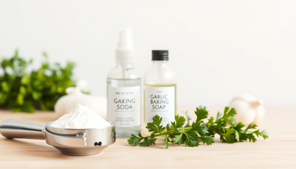 A sleek and minimalist image of an assortment of practical household items designed to eliminate garlic odor. In the foreground, a stainless steel garlic press, a small bowl of baking soda, and a bar of fragrant soap positioned against a light-colored background. In the middle ground, a small spray bottle filled with a natural odor-neutralizing solution, alongside a handful of fresh parsley sprigs. The background softly blurs, hinting at a clean, well-lit kitchen environment. The overall mood is one of simple, effective solutions to a common culinary challenge, captured with a stylish, modern aesthetic.