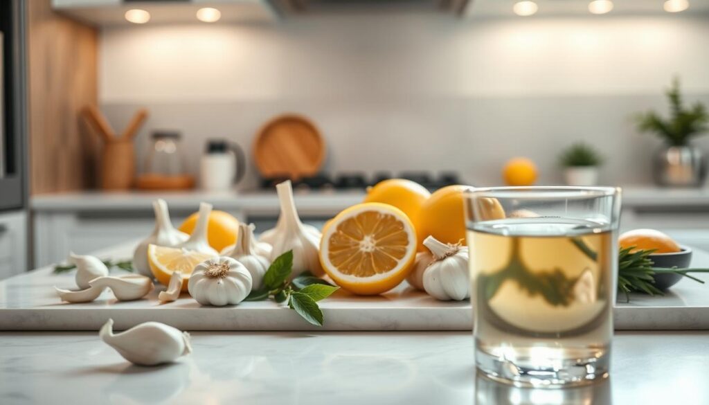 A sleek, modern kitchen counter with an array of garlic cloves, lemon slices, and other aromatic ingredients arranged in a visually appealing manner. Soft, diffused lighting from overhead casts a warm glow, highlighting the natural textures and colors. In the foreground, a glass of water or tea sits, conveying a sense of refreshment and cleansing. The overall composition exudes a sense of calmness and mindfulness, suggesting effective methods to quickly mitigate garlic odor before a meal.