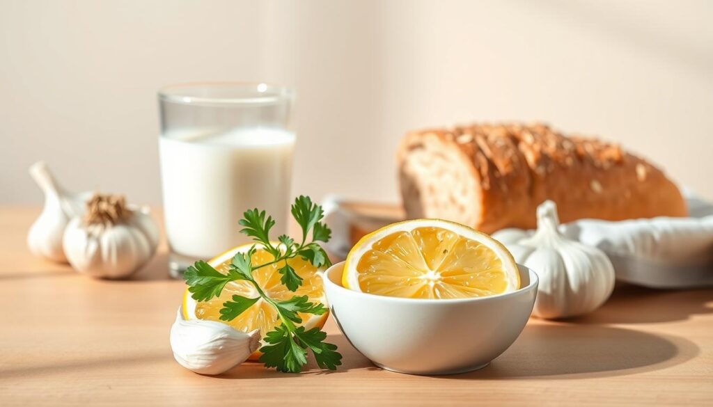 A stylized still life showcasing an arrangement of fresh, aromatic ingredients to help mitigate garlic odor. In the foreground, a bowl of sliced lemon, a sprig of parsley, and a clove of garlic sit atop a wooden table. In the middle ground, a glass of milk and a piece of whole-grain bread provide complementary textures. The background features a subtle gradient, creating a warm, inviting atmosphere. Soft, natural lighting casts gentle shadows, emphasizing the clean, minimalist composition. The overall scene conveys a sense of culinary experimentation and effective, appetite-stimulating strategies for managing strong garlic flavors.