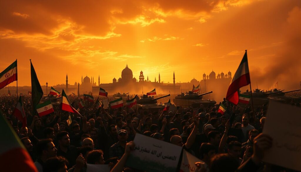 A vast and turbulent scene of the Iranian Revolution, captured with cinematic grandeur. In the foreground, a crowd of protesters brandishing flags and placards, their faces etched with determination and defiance. In the middle ground, the iconic domed architecture of Tehran's skyline, silhouetted against a dramatic, fiery sky. In the background, the looming presence of military tanks and armored vehicles, a stark reminder of the violence and upheaval that defined this historic moment. The lighting is low and dramatic, casting long shadows and highlighting the raw, visceral energy of the scene. The camera angle is slightly elevated, offering a sweeping, panoramic view of the chaos unfolding below. The overall atmosphere is one of revolution, upheaval, and the clash of ideologies that would forever transform the course of Iran's history.