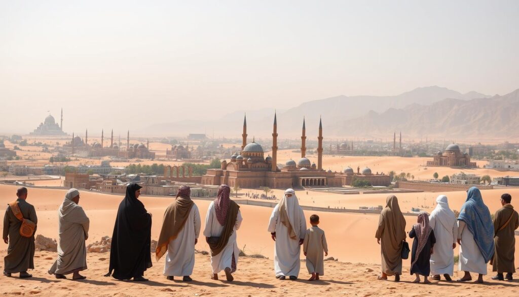 A vast desert landscape stretches out, dotted with ancient cities and towering minarets. In the foreground, a group of diverse figures garbed in traditional Middle Eastern attire - robed men, veiled women, and children - stand in a contemplative pose, their expressions reflecting the complexities of the region. In the middle ground, the iconic domes and spires of prominent religious structures rise up, while in the distance, rugged mountains loom under a hazy, sun-drenched sky. The scene conveys a sense of timelessness and cultural richness, capturing the essence of the "Middle Eastern countries" and their pivotal role in the geopolitical landscape.