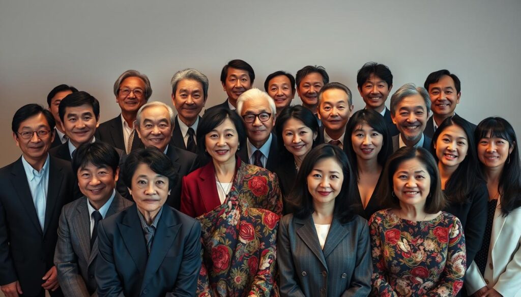 A visually striking group portrait showcasing a diverse array of well-known Japanese entertainment personalities, all members of the Soka Gakkai organization. The image should have a warm, cinematic lighting, with the subjects arranged in a dynamic, balanced composition. Capture a sense of unity and shared purpose among the group, while also highlighting the unique features and personalities of each individual. The overall atmosphere should convey a sense of prestige, influence, and cultural significance associated with the Soka Gakkai's prominent members from the entertainment industry.