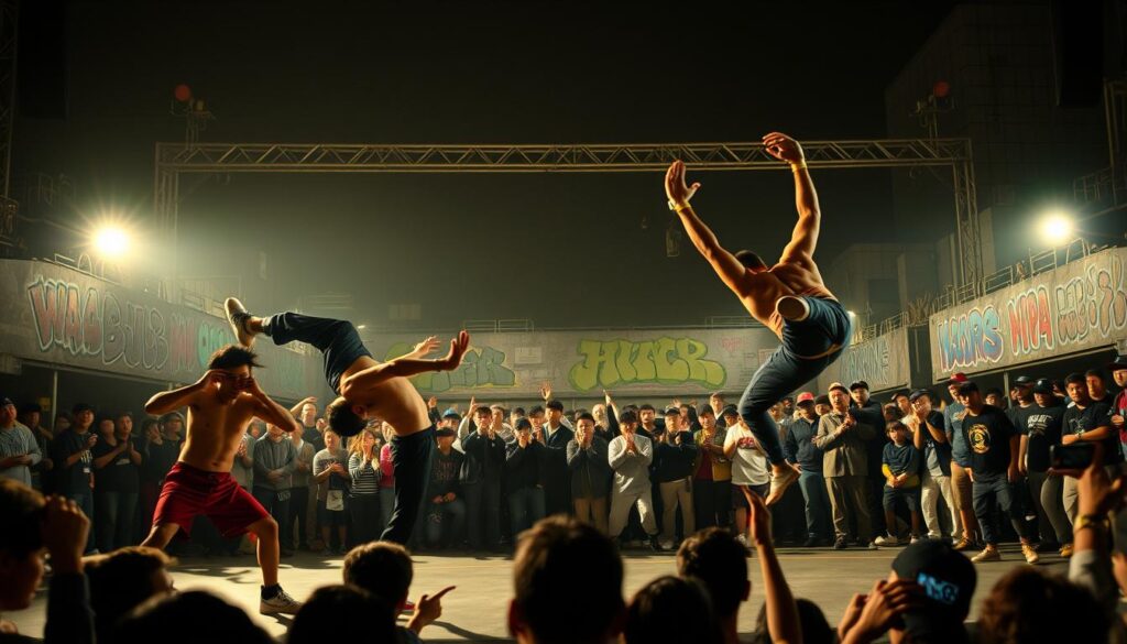 A bustling B-boy park, the center stage set for an intense MC battle. In the foreground, breakdancers showcase their gravity-defying moves, their limbs a blur of athletic precision. Strobe lights cast dramatic shadows, highlighting the dancers' raw energy and fierce expressions. In the middle ground, a gathered crowd cheers and applauds, their faces alight with excitement. The background features a graffiti-adorned urban landscape, lending an authentic, gritty atmosphere to the scene. Crisp, cinematic lighting illuminates the dynamic action, creating a visually captivating tableau that captures the spirit of this iconic moment in Japanese hip-hop history.