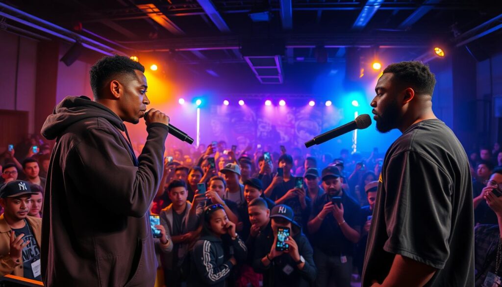 A bustling scene of a MC battle demonstration, showcasing the dynamic energy and skill of the performers. In the foreground, two MCs stand face-to-face, microphones in hand, their expressions intense as they trade verses. The middle ground is alive with a crowd of spectators, their faces alight with excitement, capturing the moment on their smartphones. In the background, a vibrant, neon-lit stage sets the scene, creating an electrifying atmosphere. Warm, directional lighting casts dramatic shadows, heightening the drama of the performance. The lens captures the event from a slightly elevated angle, providing a panoramic view of the captivating MC battle, illustrating the growing popularity and impact of this art form.