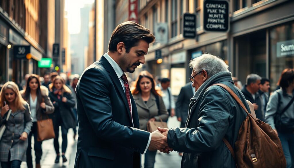 A busy city street, bustling with activity, serves as the backdrop for a modern depiction of noblesse oblige. In the foreground, a well-dressed, affluent individual engages with a person in need, offering assistance and support. The contrast between their attire and social status is evident, yet the interaction is marked by a sense of genuine compassion and a recognition of their shared humanity. The lighting is soft and warm, casting a halo-like glow around the scene, emphasizing the nobility of the act. In the middle ground, passersby observe the exchange, some with a hint of curiosity, others with a subtle nod of approval. The overall atmosphere conveys a sense of social responsibility and the role of the privileged in addressing the challenges faced by their community.