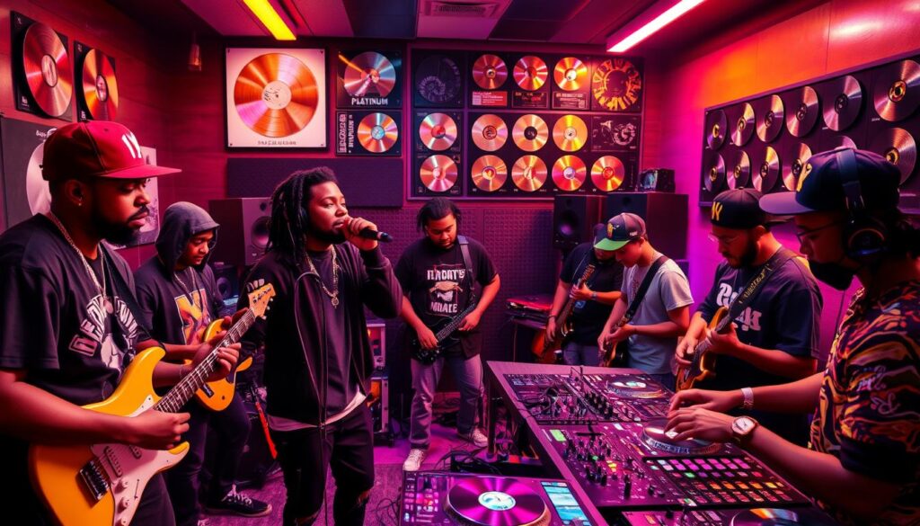 A busy, energetic hip-hop recording studio with a young, diverse group of musicians and producers collaborating. Vibrant neon lighting illuminates the space, casting a dynamic glow on the various instruments, mixing consoles, and sound equipment. In the foreground, a talented MC stands at the mic, passionately delivering lyrics while surrounded by nodding heads and rhythmic hand gestures from the supporting band. In the middle ground, a skilled DJ operates turntables, blending intricate beats and samples. The background features a wall-mounted display of gold and platinum records, acknowledging the studio's legacy of successful hip-hop acts. An atmosphere of creative energy, dedication, and artistic expression permeates the scene.