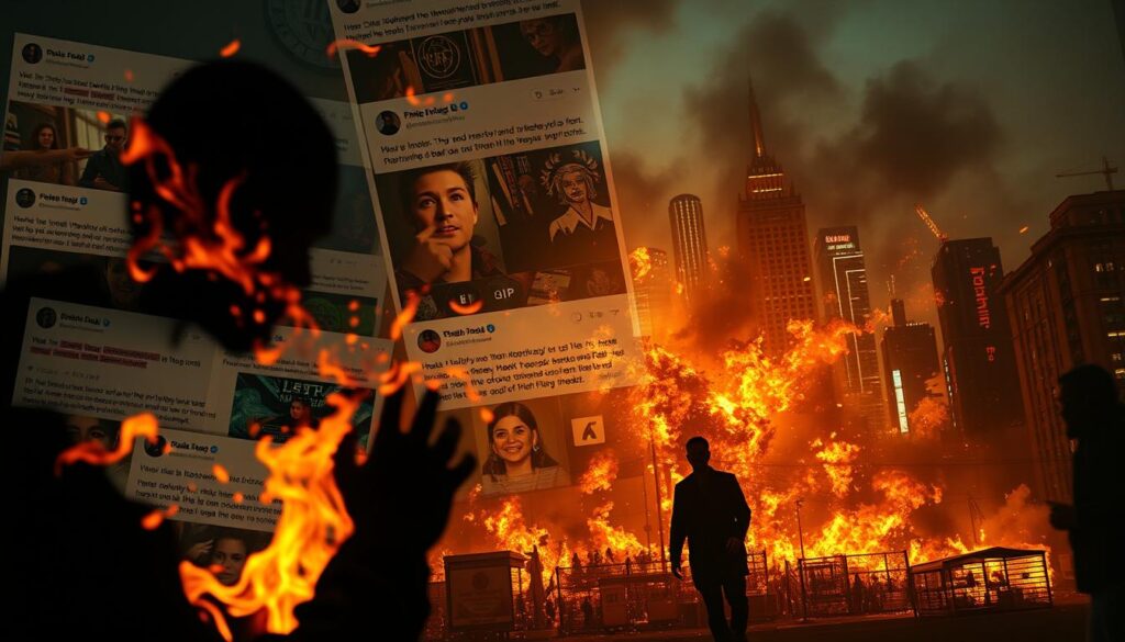 A chaotic and fiery business strategy unfolds, with a sinister edge. In the foreground, a shadowy figure manipulates the flames, leveraging controversy to drive attention and sales. The middle ground depicts a volatile mix of social media posts, news headlines, and angry comments, reflecting the polarized reception. In the background, a dystopian cityscape simmers with the glow of digital unrest, as the consequences of this "炎上商法" reverberate through the urban landscape. Cinematic lighting and a gripping, unsettling atmosphere capture the high-stakes gamble of this divisive tactic.