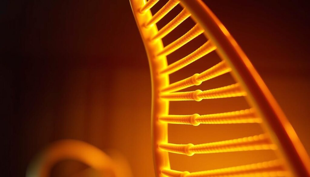 A close-up view of a DNA double helix structure, illuminated by a soft, warm light. The intricate strands are rendered in high detail, with the distinct base pairs and helical twist clearly visible. The backdrop is a dimly lit, muted color palette, creating a contemplative, investigative atmosphere. The image conveys a sense of scientific analysis and scrutiny, as if examining forensic evidence under a microscope. The composition emphasizes the centrality and importance of the DNA structure, drawing the viewer's attention to the core of the investigation.