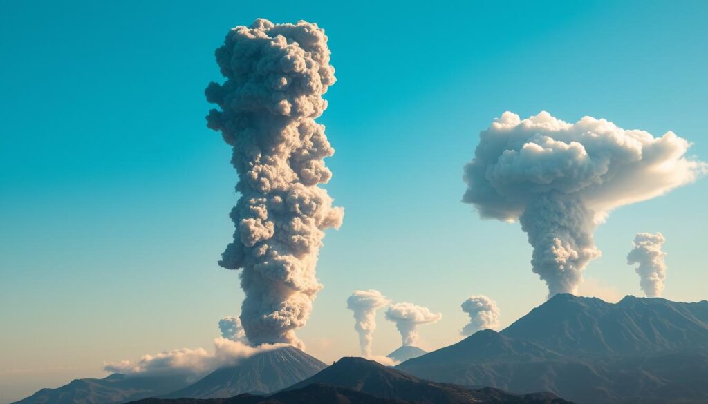 A comparative visual depiction of past volcanic eruption plume heights, showcasing the dramatic scale and variability of these explosive events. In the foreground, a towering column of ash and smoke billows upwards, its dark gray hues contrasting against a clear, luminous sky. In the middle ground, several smaller eruption plumes rise from distant volcanoes, their shapes and sizes varying, representing the diverse nature of such phenomena. The background features a mountainous landscape, with the silhouettes of peaks adding depth and scale to the scene. The lighting is natural, casting warm, directional illumination that enhances the dynamic, almost cinematic quality of the image. The overall mood is one of awe and wonder at the raw power of nature's geological processes.