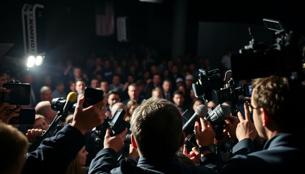 A crowded media circus, with cameras and microphones pointed at a central figure, capturing the intense interest and scrutiny of the entertainment industry. Dramatic lighting casts shadows, creating a sense of tension and anticipation. In the background, a blurred audience or onlookers, representing the public's gaze and the broader societal reaction. The composition emphasizes the spotlight on the subject, reflecting the widespread attention and commentary surrounding their recent events or news. An atmosphere of speculation, curiosity, and the weight of public opinion pervades the scene.