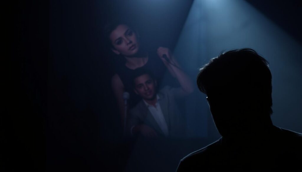 A dimly lit backstage scene, with shadows casting an ominous atmosphere. In the foreground, a silhouetted figure representing the "darkness" of the entertainment industry, their face obscured, conveying a sense of hidden truth and abuse. In the middle ground, distorted, fragmented images of celebrities and public figures, hinting at the complex web of power dynamics and cover-ups. The background is shrouded in a hazy, dreamlike quality, suggesting the elusive nature of the truth. The overall composition evokes a sense of unease, highlighting the systemic issues of sexual violence and the challenges faced by those who dare to speak out.