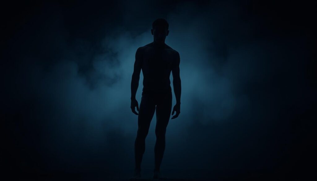 A dimly lit, introspective scene depicting the complex relationship between vulnerability and self-assurance. In the foreground, a nude figure stands tall, their body language exuding a sense of confidence and self-acceptance. Soft, diffused lighting illuminates their form, casting gentle shadows that accentuate the curves and contours. The middle ground is shrouded in a hazy, dreamlike atmosphere, suggesting the subconscious realm of the dreamer. In the background, abstract shapes and textures hint at the deeper psychological undercurrents that shape one's sense of self. The overall composition conveys a sense of introspection, where the naked form represents a journey of self-discovery and the embrace of one's truest, most authentic self.