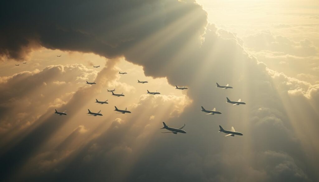 A dramatic aerial scene depicting the widespread dispersal of volcanic ash, casting an ominous haze over a fleet of commercial airliners. The ashen plume billows ominously in the foreground, while the silhouettes of jets fly cautiously through the murky, low-visibility conditions. Shafts of ominous, low-angled sunlight pierce the ashen clouds, creating an atmosphere of unease and peril. Detailed textures of the ash cloud and aircraft surfaces, shot with a high-resolution, telephoto lens to capture the scale and intensity of this natural hazard impacting aviation safety.