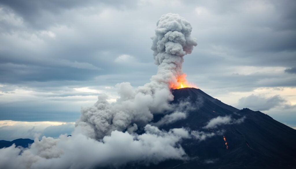 A dramatic, high-resolution image of the Lewotolivi volcano in Indonesia, seen from a medium distance. The volcano's towering, asymmetrical peak dominates the frame, its slopes shrouded in wisps of volcanic ash and smoke. In the foreground, a turbulent plume of ash and gas billows upwards, illuminated by the warm glow of the eruption. The sky is a moody, ominous blend of grays and blues, with a sense of impending danger. The scene is captured with a wide-angle lens, emphasizing the scale and power of the volcanic activity. The overall mood is one of awe and a hint of trepidation, befitting the dangerous yet mesmerizing nature of this natural phenomenon.