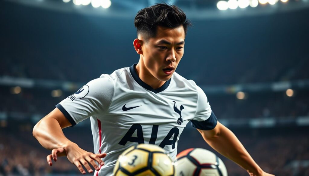 A dynamic, high-resolution portrait of the South Korean football star Son Heung-min, showcasing his impressive skills and achievements in the Premier League. Capture him in a dramatic, cinematic lighting, with an intense and focused expression as he controls the ball. Depict him in his Tottenham Hotspur jersey, against a blurred background of the iconic Tottenham stadium, highlighting his prowess on the pitch. Emphasize the power and precision in his movements, conveying the dynamism and energy that have made him one of the league's most dominant players. The image should evoke a sense of awe and admiration for Son's remarkable talent and his transformative impact on the Premier League.