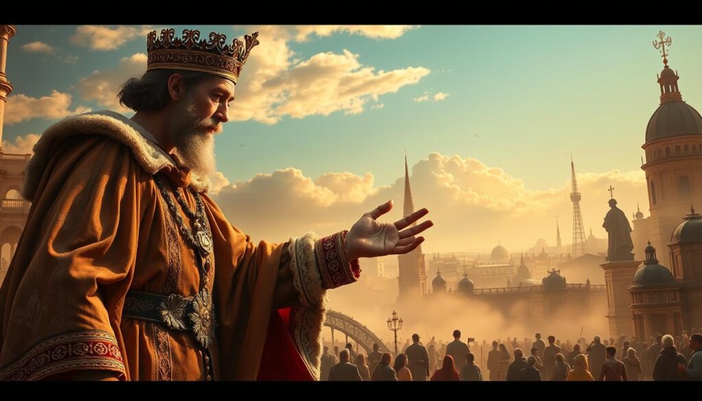 A grand, majestic illustration of the history of noblesse oblige, showcasing its timeless evolution. In the foreground, a noble figure in ornate medieval attire extends a helping hand to the downtrodden, embodying the essence of this revered social contract. The middle ground depicts scenes of philanthropic acts throughout the ages - from aristocratic patronage of the arts to modern-day corporate social responsibility. In the distant background, iconic landmarks and architecture from various eras fade into the mist, providing a sense of historical depth and grandeur. Warm, golden lighting casts a reverent glow, while a cinematic, widescreen perspective lends an air of importance and significance to this hallowed tradition.