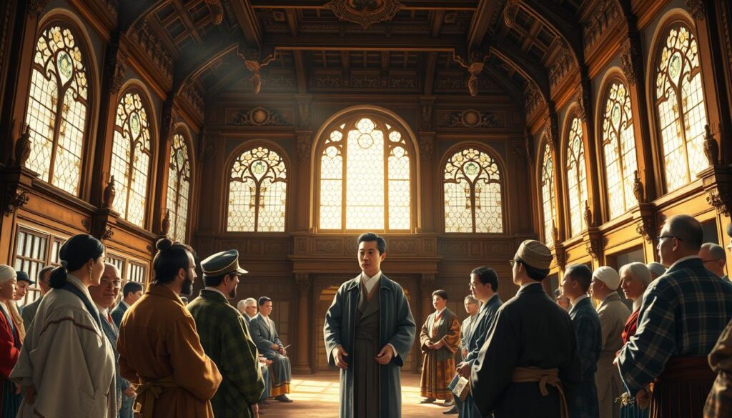 A grand, ornate hall with high ceilings and intricate architectural details. Sunlight streams in through stained glass windows, casting a warm glow on the scene. In the center, a well-dressed aristocrat engages in a thoughtful discussion with a group of people from various walks of life - laborers, scholars, and merchants. They listen intently, eyes filled with respect and appreciation. The aristocrat's posture and demeanor convey a sense of noblesse oblige, a recognition of their privilege and responsibility to society. The atmosphere is one of learning, collaboration, and a shared commitment to the common good. Subtle visual cues, such as traditional Japanese art and architecture, suggest this is a historical depiction of the practice of noblesse oblige in a Japanese context.