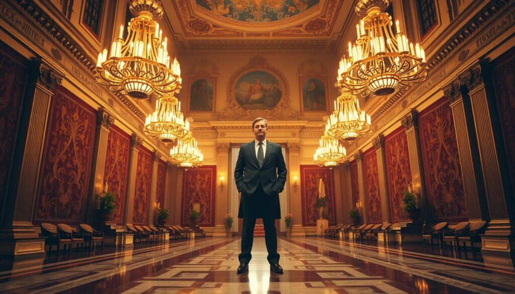 A grand, stately hall with high ceilings and ornate chandeliers casting a warm, golden glow. In the center, a dignified figure stands tall, embodying the essence of noblesse oblige - a leader who uses their privilege and power to serve their community. Their regal bearing and thoughtful expression convey a sense of responsibility and compassion. Surrounding them, subtle details like intricate tapestries, polished marble floors, and tasteful decor suggest a refined, elegant environment befitting of a leader who understands the weight of their position. The overall atmosphere exudes a sense of gravitas, wisdom, and a deep commitment to the greater good.