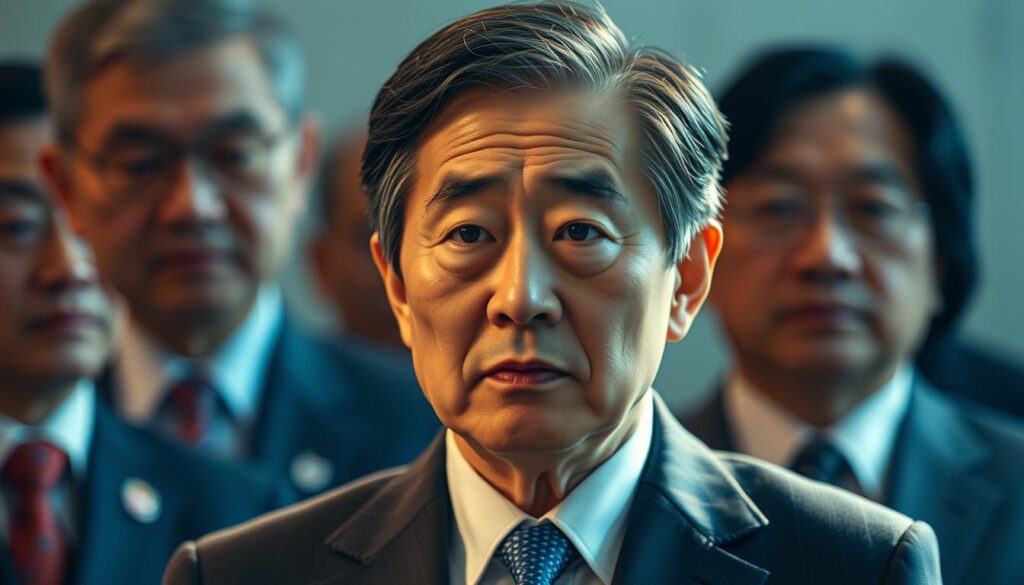 A head-and-shoulders portrait of Okuno Takushi, a Japanese politician, against a blurred background of influential individuals he is connected to. Soft, warm lighting illuminates his thoughtful expression, conveying a sense of quiet contemplation. The focus is sharp on Okuno, while the background figures are hazy, suggesting the complexities and mysteries surrounding his political career. The composition is balanced, with Okuno positioned slightly off-center, creating a sense of depth and intrigue. The overall mood is pensive and intriguing, inviting the viewer to learn more about this enigmatic figure.