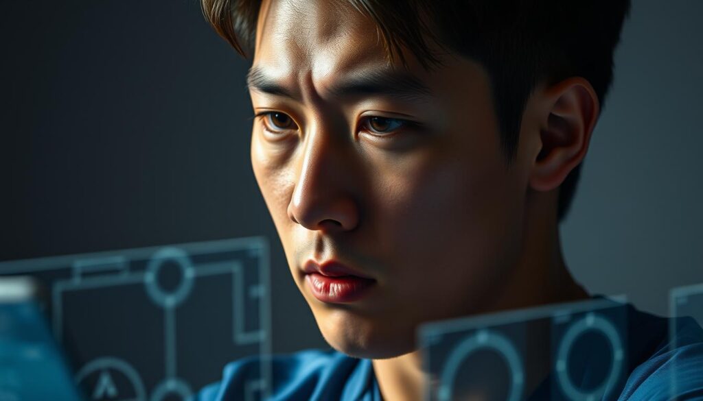 A hyper-realistic portrait of Heung-Min Son, the renowned South Korean footballer, captured in an intense tactical analysis moment. The scene depicts Son against a muted, moody backdrop, his gaze focused and intense as he studies a virtual tactical board, algorithms and data visualizations hovering around him. Subtle highlights illuminate the determination in his expression, while dynamic lighting casts dramatic shadows, emphasizing the cerebral nature of his strategic thinking. The composition balances technical details with the emotional weight of Son's commitment to his craft, showcasing the allure of his tactical mastery and on-field brilliance.
