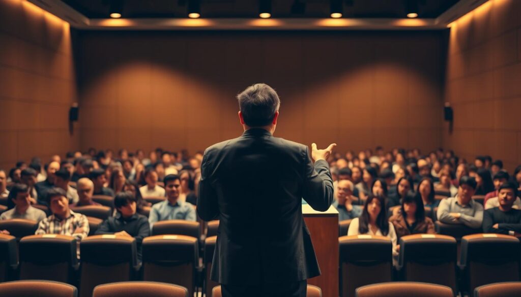 A lecture hall filled with attentive audience members, focused on the charismatic figure of Jinpeitai standing at the podium. The stage is illuminated with warm, directional lighting, casting dramatic shadows and highlights on his face as he gestures passionately. In the background, a minimalist backdrop with subtle textures creates a sense of depth, while the rows of seats recede into soft focus. The atmosphere is one of intellectual engagement, with a palpable energy and sense of anticipation in the room. The overall composition emphasizes the speaker's captivating presence and the audience's rapt attention, capturing the essence of Jinpeitai's impactful lecture activities.