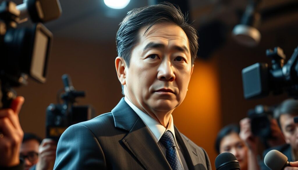 A middle-aged Japanese man in a dark suit, standing in a spotlight on a stage, surrounded by cameras and microphones. His expression is serious, yet his gaze is directed towards the viewer, conveying a sense of authority and public presence. The background is blurred, hinting at the bustling media environment he operates in. The lighting is dramatic, casting shadows that accentuate the man's features and create a sense of gravitas. The overall atmosphere is one of scrutiny and attention, reflecting the public persona and the way he is portrayed in the media.