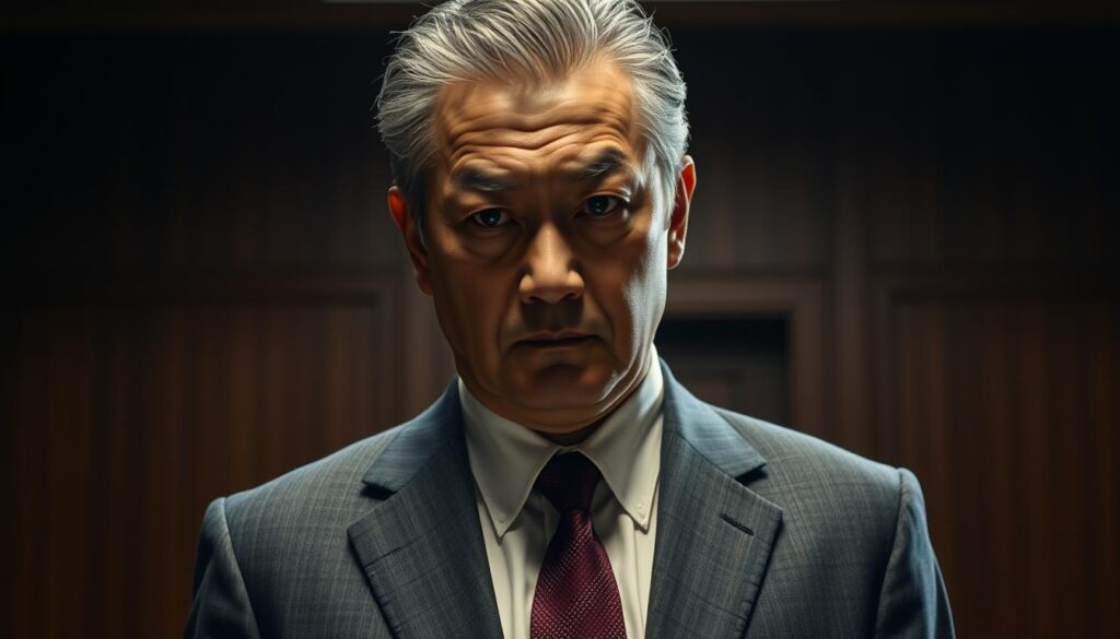 A middle-aged Japanese man with a stern, pensive expression standing in a dimly lit, wood-paneled room. His salt-and-pepper hair is neatly combed, and he wears a tailored charcoal suit, crisp white shirt, and a deep burgundy tie. The lighting casts dramatic shadows on his face, hinting at an air of mystery and intrigue. The background is slightly blurred, emphasizing the subject and conveying a sense of focus and determination. An authoritative, enigmatic presence radiates from the figure, reflecting the title "ごぼうの党 奥野 何者？".