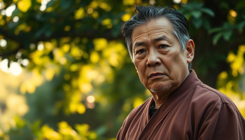A middle-aged man, Shinpeitaro, stands in a serene garden, his expression contemplative yet concerned. The warm lighting filters through the lush foliage, casting a gentle glow on his features. His posture suggests a slight fatigue, but his eyes hold a determination to overcome any adversity. The background is blurred, focusing the viewer's attention on Shinpeitaro's thoughtful, pensive state, conveying a sense of introspection and the weight of recent events in his life.