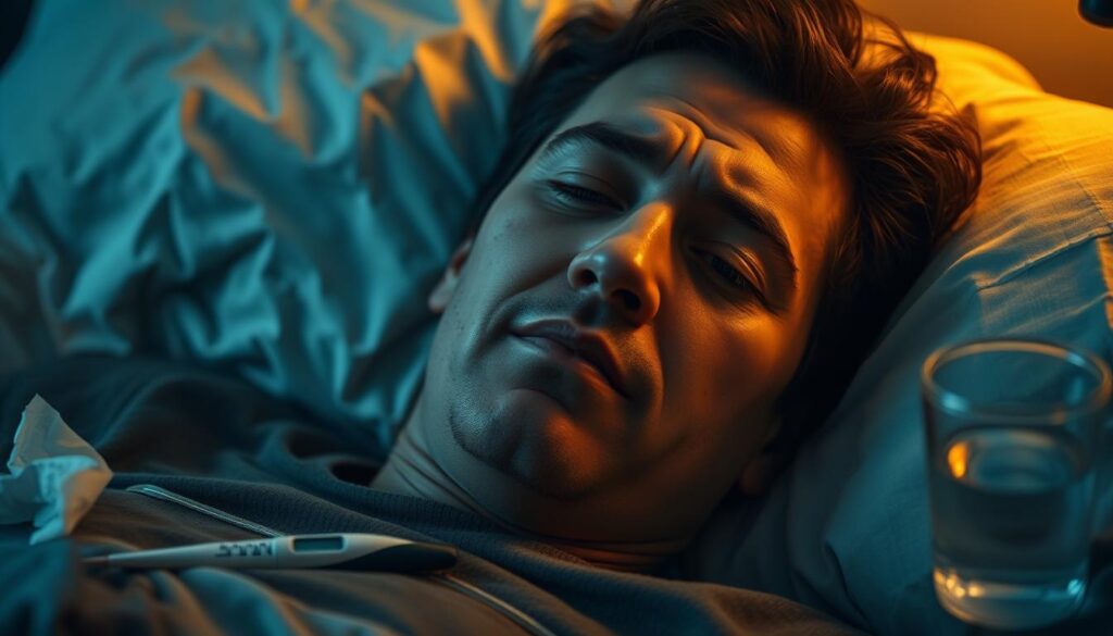 A person lying in bed, appearing unwell and fatigued. They are surrounded by medical supplies such as a thermometer, tissues, and a glass of water. The lighting is soft and warm, creating a somber and introspective atmosphere. The focus is on the individual's expression, conveying a sense of discomfort and vulnerability. The background is blurred, emphasizing the subject's isolation and the personal nature of the experience. The composition and lighting evoke a sense of empathy and a desire to understand the individual's struggle with their illness.