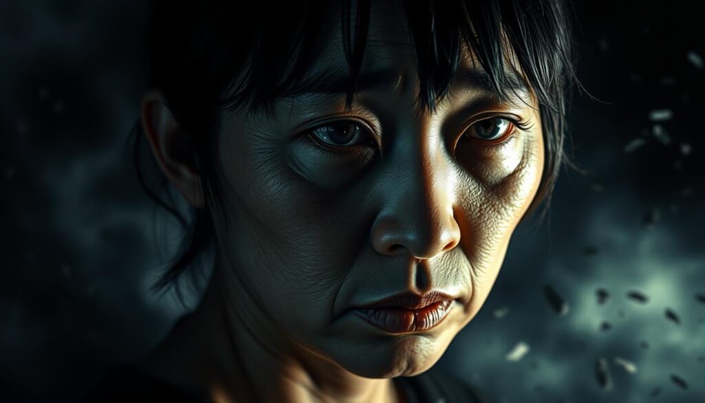A portrait of Shiho Wakabayashi, her expression pained and haunted, her gaze distant. Dramatic chiaroscuro lighting casts deep shadows, hinting at the complex PTSD she struggles with. The background is a swirling maelstrom of dark clouds and fragments of memories, reflecting the turmoil within. Her face is etched with worry and fatigue, the weight of her experiences evident in every line. The scene conveys a sense of vulnerability and the profound impact of the events that have shaped her. Rendered in a photorealistic style, the image aims to evoke empathy and understanding for Wakabayashi's psychological journey.