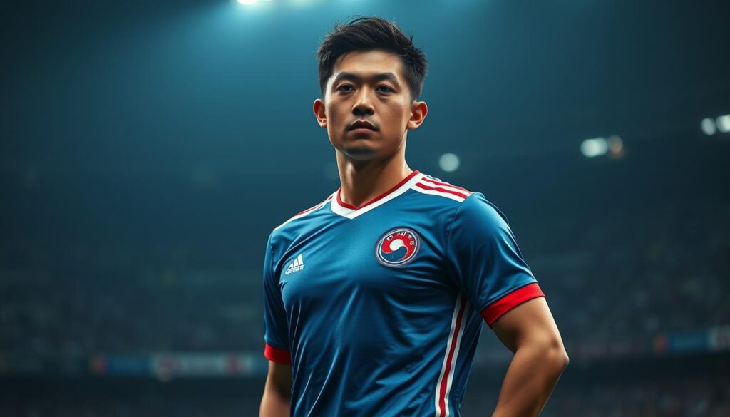 A professional soccer player in a South Korean national team uniform, standing confidently on a dimly lit stadium field. The player's gaze is focused and determined, his body language conveying a sense of power and athleticism. The background is blurred, drawing the viewer's attention to the player's face and physique. Dramatic, moody lighting casts dramatic shadows, creating a cinematic, high-contrast effect. The overall atmosphere evokes the intensity and challenges of international competition.