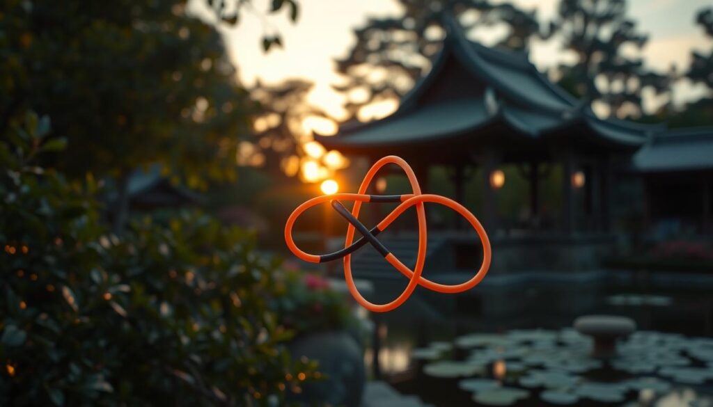 A serene Japanese garden at dusk, with lush foliage and a tranquil pond. In the foreground, a close-up of two intertwined rubber bands, their intricate dance captured in soft, warm lighting. The background features a traditional Japanese pavilion, its elegant architecture basking in the golden glow of the setting sun. The scene conveys a sense of contemplation and the delicate balance between order and chance, hinting at the underlying narrative of the "輪ゴム事件."