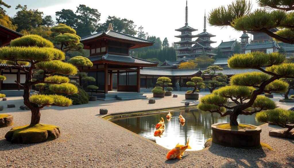 A serene Japanese garden, meticulously groomed with raked gravel paths and carefully pruned bonsai trees. In the center, a traditional wooden pavilion stands in quiet contemplation, its eaves casting soft shadows across the landscape. Koi swim lazily in a tranquil pond, their scales shimmering under the warm glow of the afternoon sun. Surrounding the garden, towering pagodas and ancient temples hint at the deep cultural heritage that has shaped the concept of noblesse oblige in Japan. An atmosphere of refined elegance and civic responsibility pervades the scene, reflecting the enduring influence of this timeless social ethic.