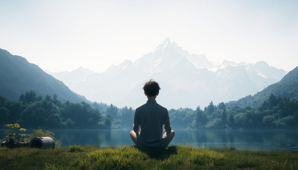 A serene and contemplative scene of Koyacki in a state of introspection and reflection following a period of activity hiatus. The foreground depicts Koyacki sitting cross-legged, their gaze fixed pensively into the distance, a faint aura of melancholy surrounding them. The middle ground showcases a lush, verdant landscape with a tranquil lake, the gentle ripples on the surface mirroring Koyacki's inner turmoil. In the background, a magnificent mountain range rises, its peaks capped with pristine snow, symbolizing the sense of perspective and clarity that Koyacki seeks. The lighting is soft and diffused, creating a dreamlike, almost ethereal atmosphere, as if Koyacki is in a state of deep contemplation, trying to make sense of the recent events and chart the path forward.