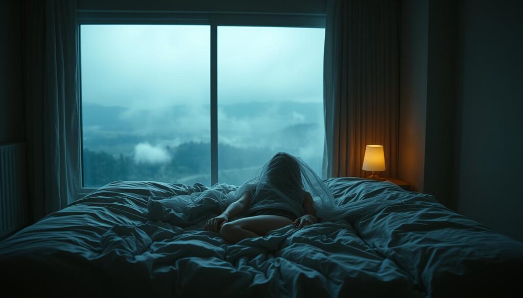 A serene, dimly lit bedroom scene with a large, soft bed in the foreground. The bed is unmade, with crumpled sheets and a single figure lying on their back, partially obscured by a sheer, flowing fabric that drapes across their body. The figure's face is hidden, creating a sense of mystery and introspection. In the background, a hazy, dreamlike landscape is visible through a large window, with soft, diffused light casting a warm glow throughout the room. The overall atmosphere is one of contemplation and the exploration of the subconscious.