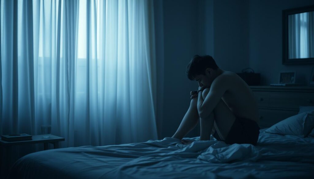 A serene, dimly lit bedroom scene. In the foreground, a person sits on the edge of a bed, their head in their hands, expression pensive as they contemplate their recent dream of being unclothed. Soft, muted lighting filters through sheer curtains, casting a calming glow. The middle ground features a nightstand with a glass of water and a book, hinting at self-care practices. The background showcases a dresser with personal items, creating a sense of privacy and introspection. The overall atmosphere conveys a journey of understanding and acceptance, guiding the viewer towards a peaceful resolution of the "naked dream" experience.