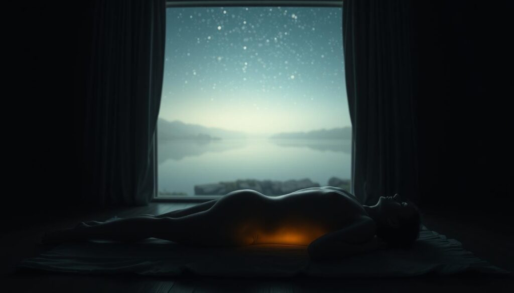A serene, dimly lit room with a sense of tranquility. In the foreground, a person's nude form rests peacefully, their body bathed in a soft, ethereal glow. The background features a subtle, hazy landscape, with a tranquil river or lake reflecting the starry night sky. The overall mood is one of contemplation and a connection between the physical and spiritual realms, suggesting the relationship between one's state of undress and their fortune or well-being.