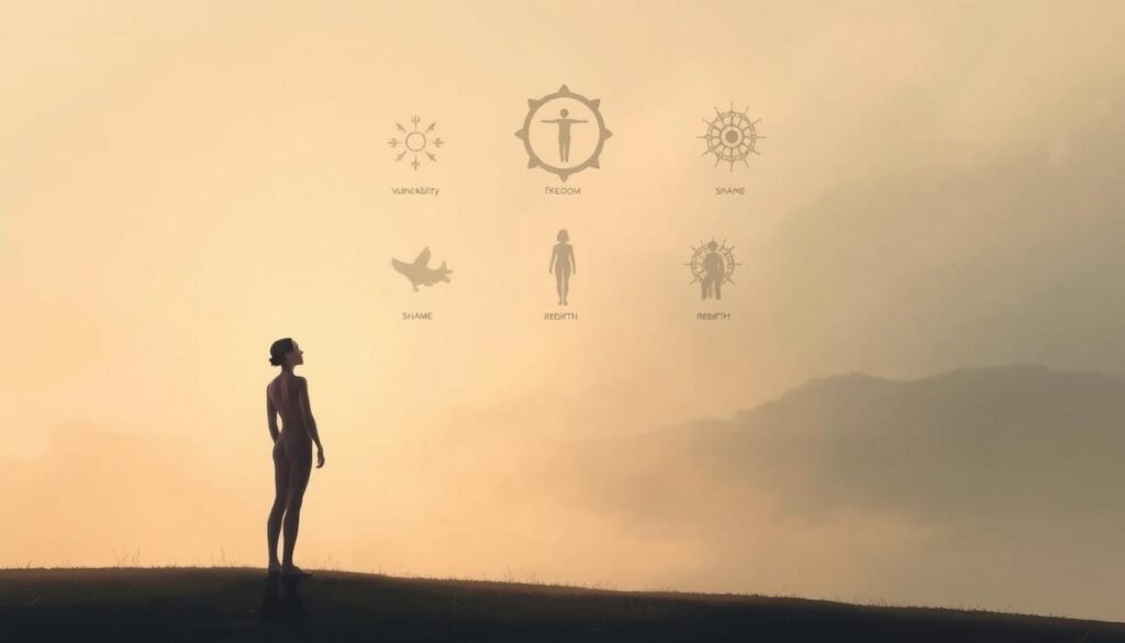 A serene, minimalist illustration depicting the underlying meanings of different naked dream scenarios. In the foreground, a tranquil, nude figure stands in a contemplative pose, surrounded by soft, muted colors. In the middle ground, abstract shapes and symbols emerge, each representing a specific interpretation of nudity in dreams - vulnerability, freedom, shame, or rebirth. The background is a hazy, dreamlike landscape, evoking the subconscious realm. Subtle lighting casts a warm, introspective glow, conveying the meditative nature of dream analysis. The overall composition is balanced and calming, inviting the viewer to explore the deeper significance of these nocturnal visions.